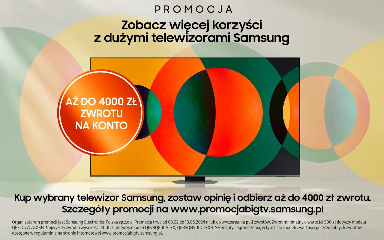 banner promocyjny informujący o zwrocie gotówki przy zakupie wybranych modeli telewizorów Samsung