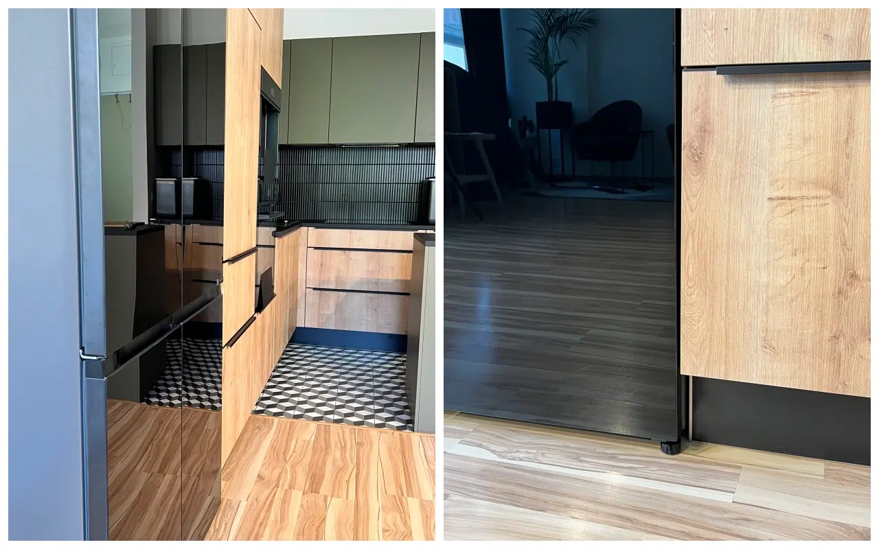 lodówka Hisense RQ768N4GBE ustawiona w ciągu szafek kuchennych