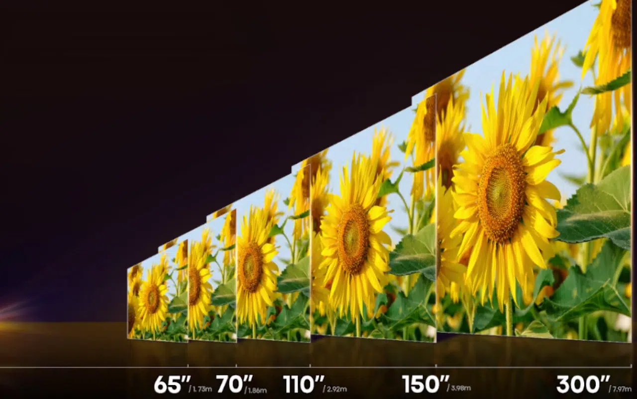 możliwe rozmiary obrazu z laserowego projektora 4K UHD Hisense C1 w zależności od odległości od ściany