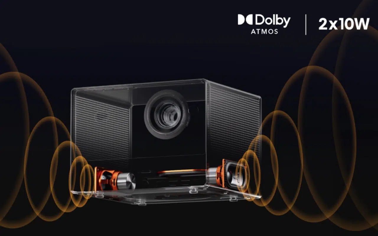 grafika przedstawiająca głośniki laserowego projektora 4K UHD Hisense C1 z technologią Dolby Atmos