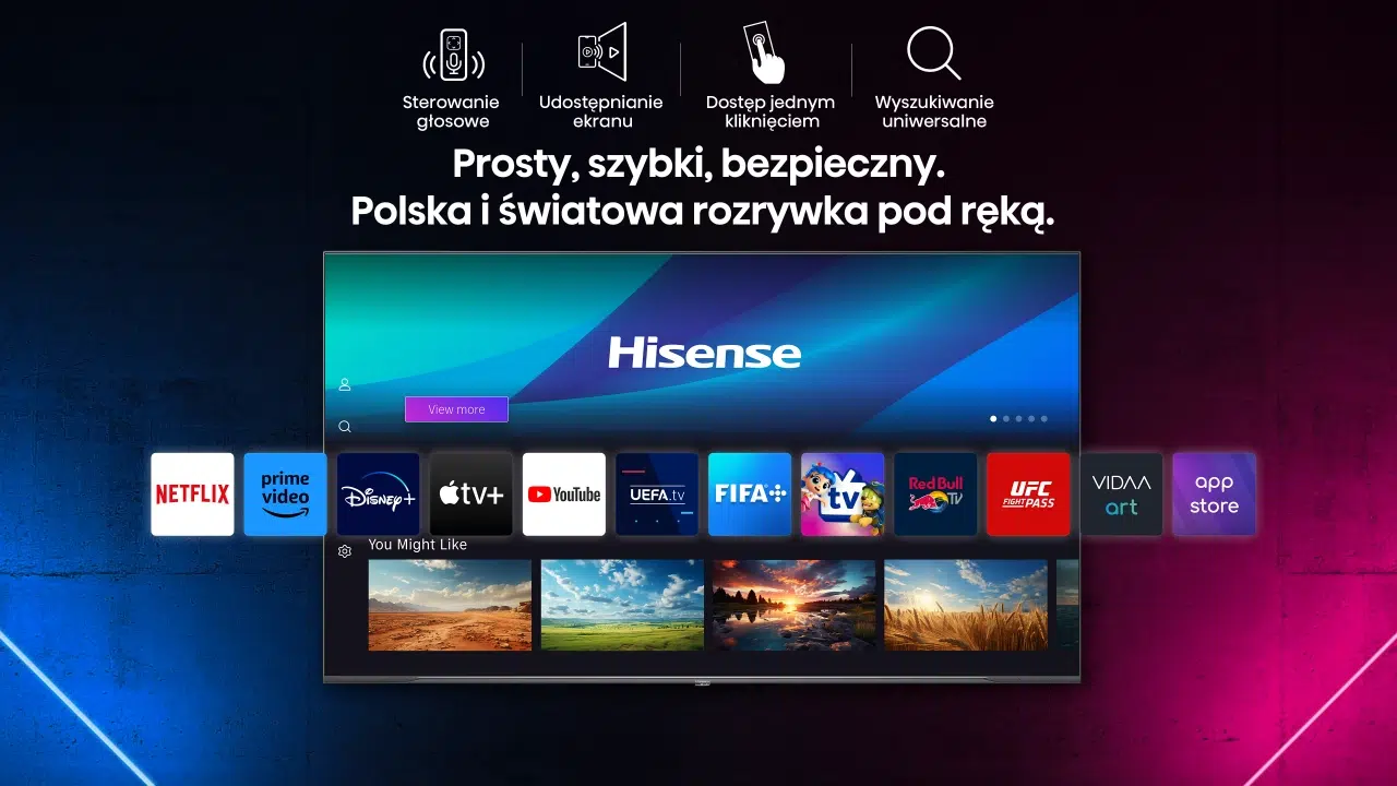 Interfejs systemu Smart TV VIDAA 7.6 w telewizorze Hisense U6NQ