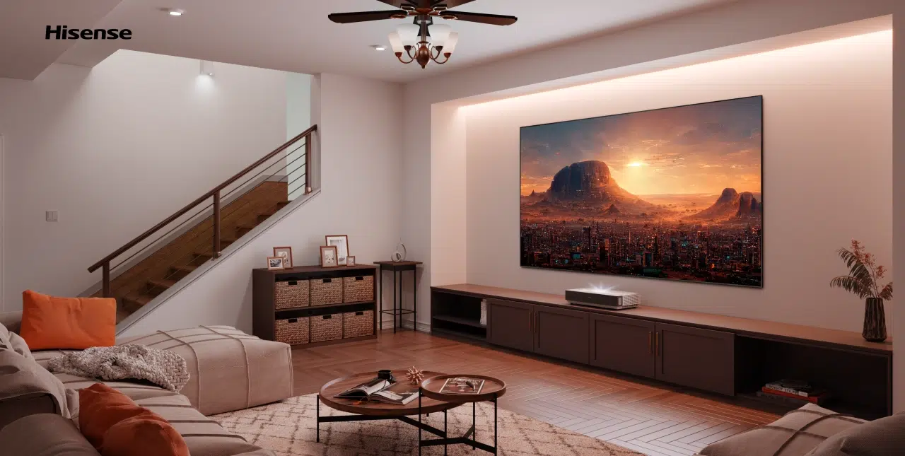 sala kinowa stworzona z pomocą laserowego telewizora Hisense Laser TV 4K L5H