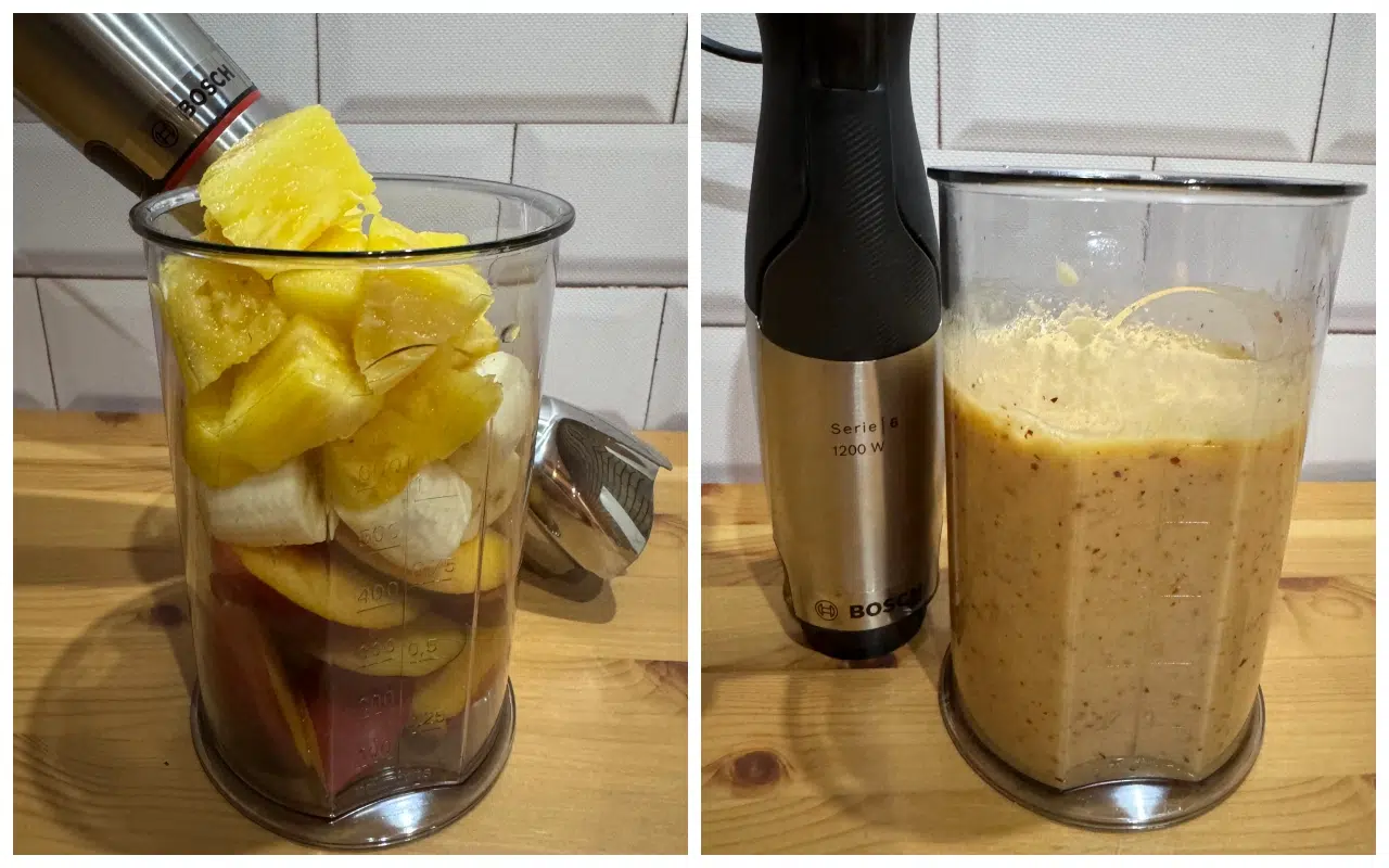 przygotowywanie owocowego smoothie ręcznym blenderem do koktajli Bosch ErgoMaster Serie 6 MSM6M871