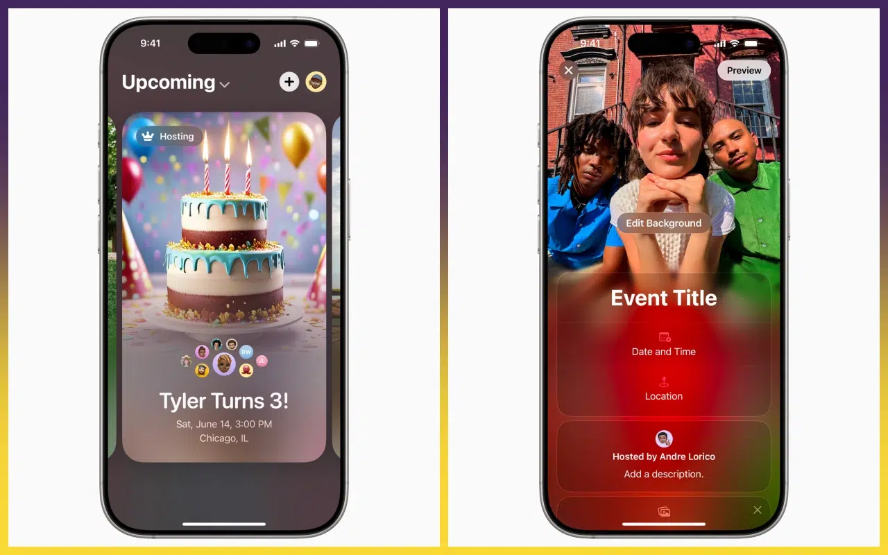 screeny z aplikacji Apple Invites, widoki ekranu na iPhone