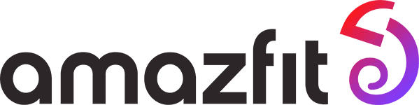 Logo marki Amazfit - czarny napis „amazfit” z czerwono-fioletowym zarysem sylwetki kameleona