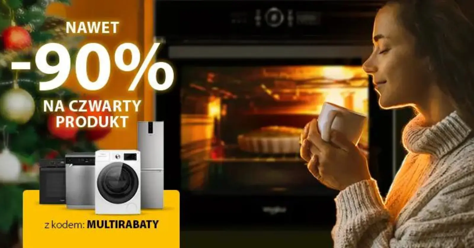 banner z kobietą przy kominku informujący o multirabatach w sklepie Whirlpool nawet do 90%