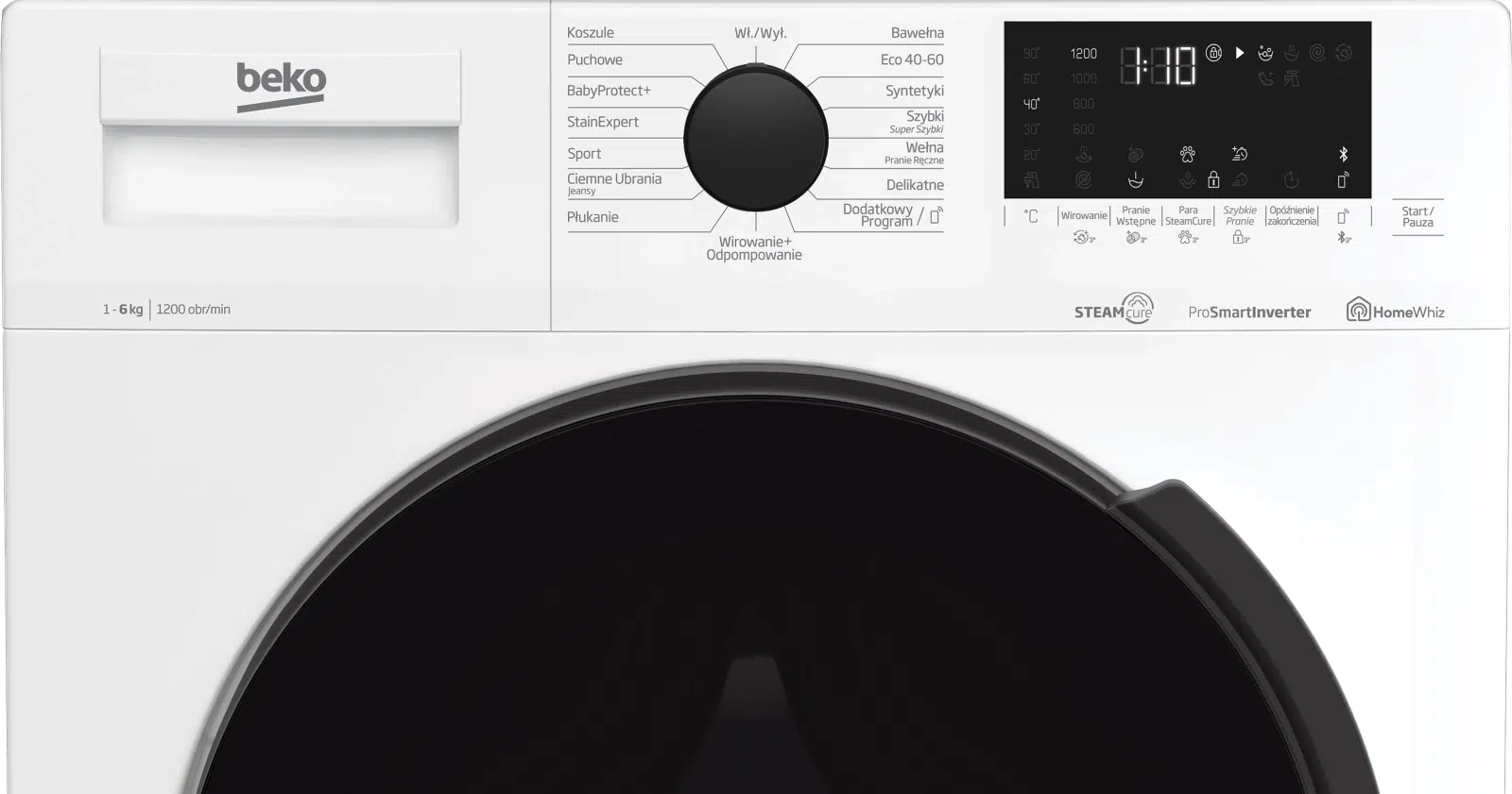 panel sterowania pralki Beko z programami prania opisanymi na programatorze