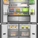 otwarta lodówka Hisense RQ768N4GBE z umieszczonymi wewnątrz produktami